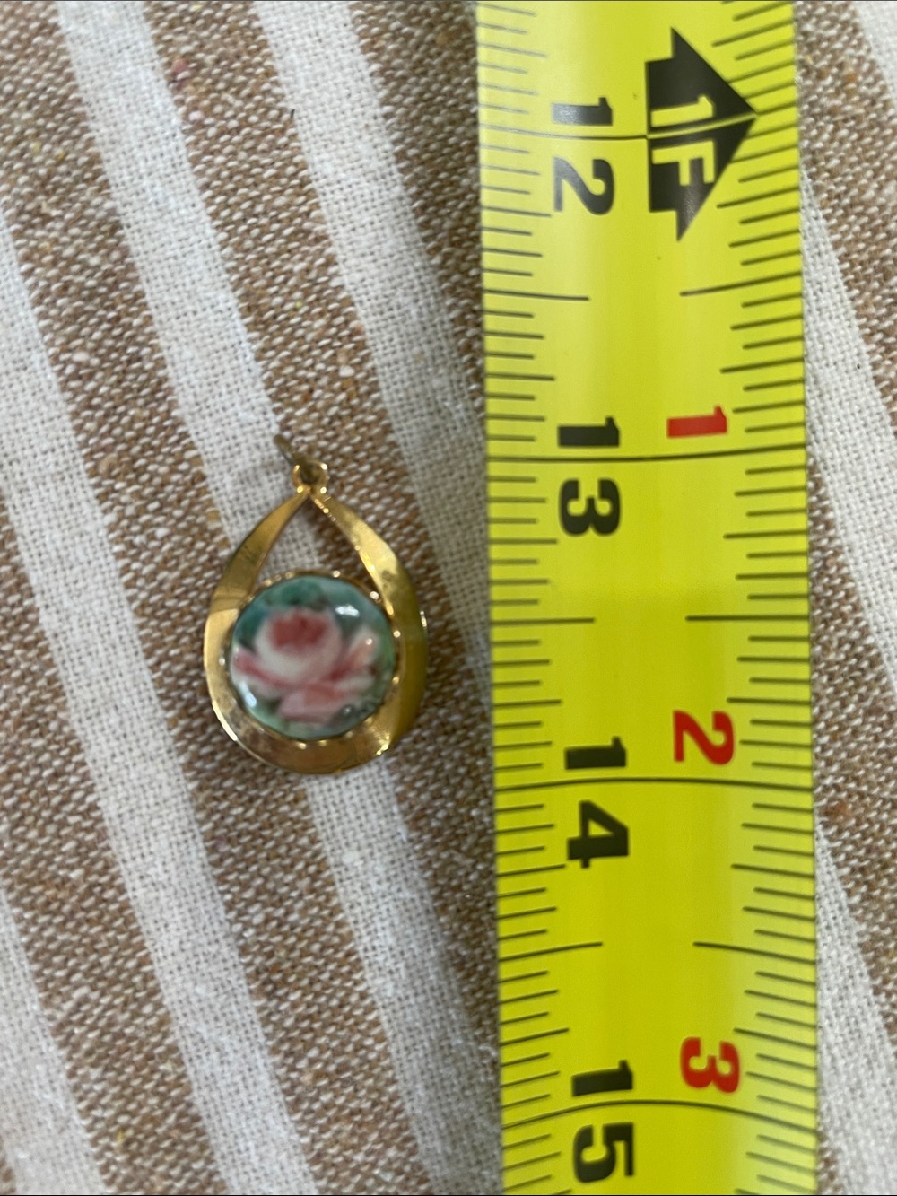 VINTAGE, hand painted, Pendant with Pink Floral Porcelain Inset